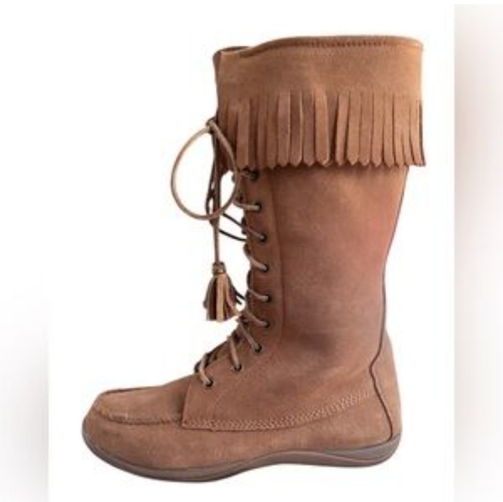 LL Bean Suede Leather Tan Tassel Thick Sheepskin Lined Winter Boots Size 10